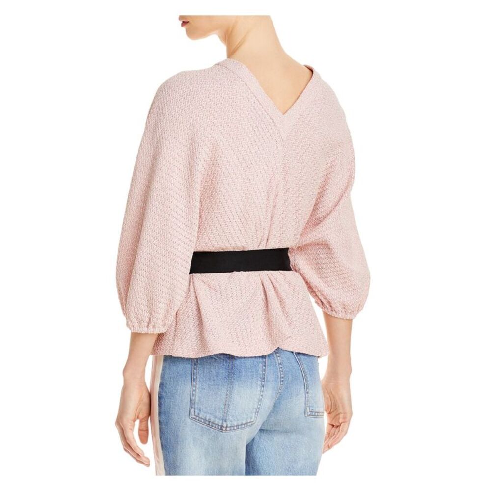 HELLESSY Womens Pink Button Tie Belt Unlined Dolman Sleeve V Neck Peplum Top XL - Picture 2 of 3